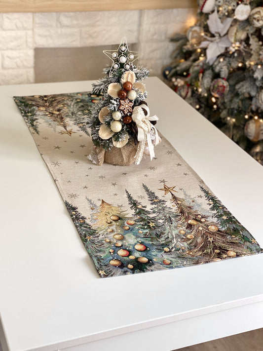 Christmas Table Runner  «Evergreen Magic» with Golden Lurex - Luxury Tapestry