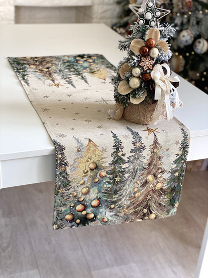Christmas Table Runner  «Evergreen Magic» with Golden Lurex - Luxury Tapestry