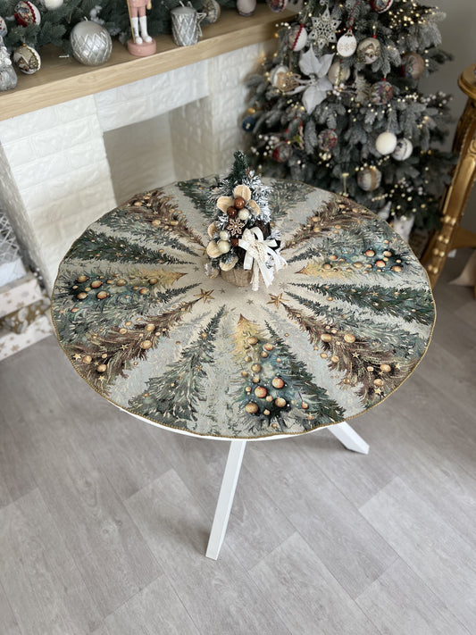 Christmas Round Tablecloth «Evergreen Magic» with Golden Lurex - Luxury Tapestry