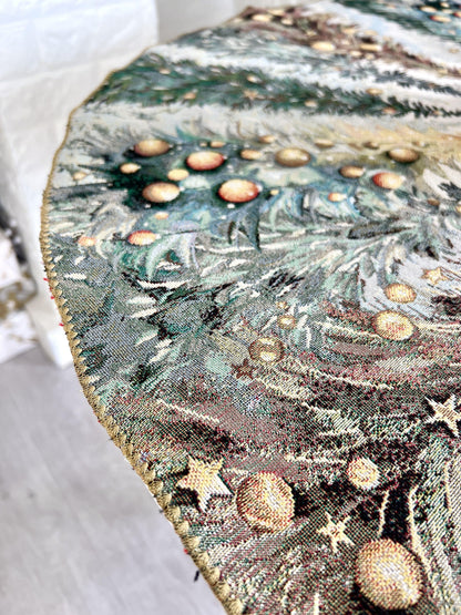 Christmas Round Tablecloth «Evergreen Magic» with Golden Lurex - Luxury Tapestry