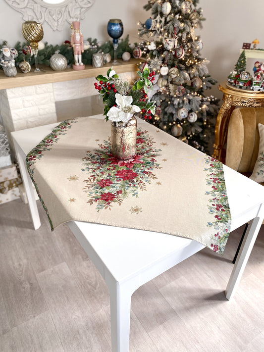 Christmas Tablecloth «Holly & Ivy Charm» with Silver Lurex - Luxury Tapestry