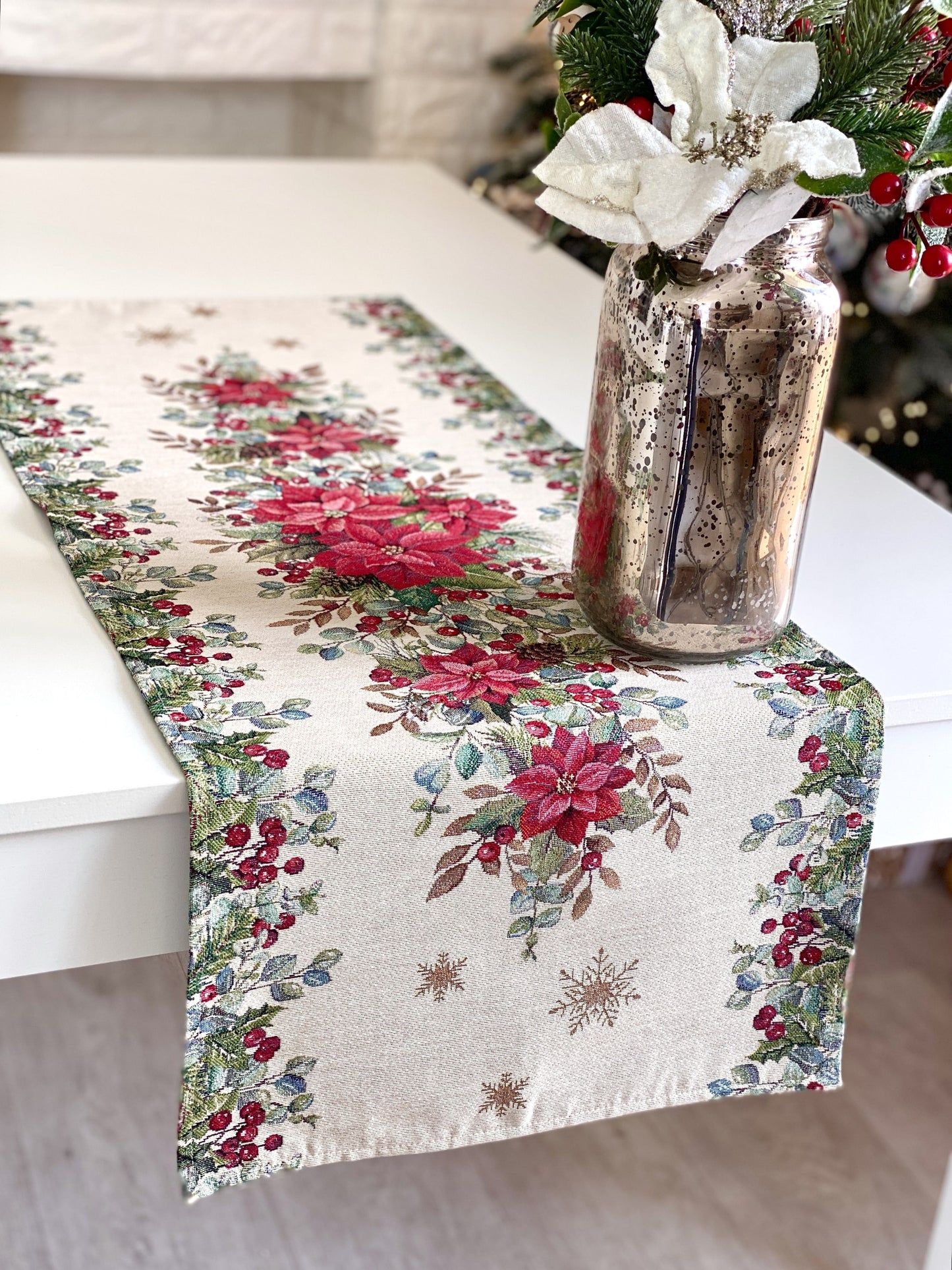 Christmas Table Runner  «Holly & Ivy Charm» with Silver Lurex - Luxury Tapestry