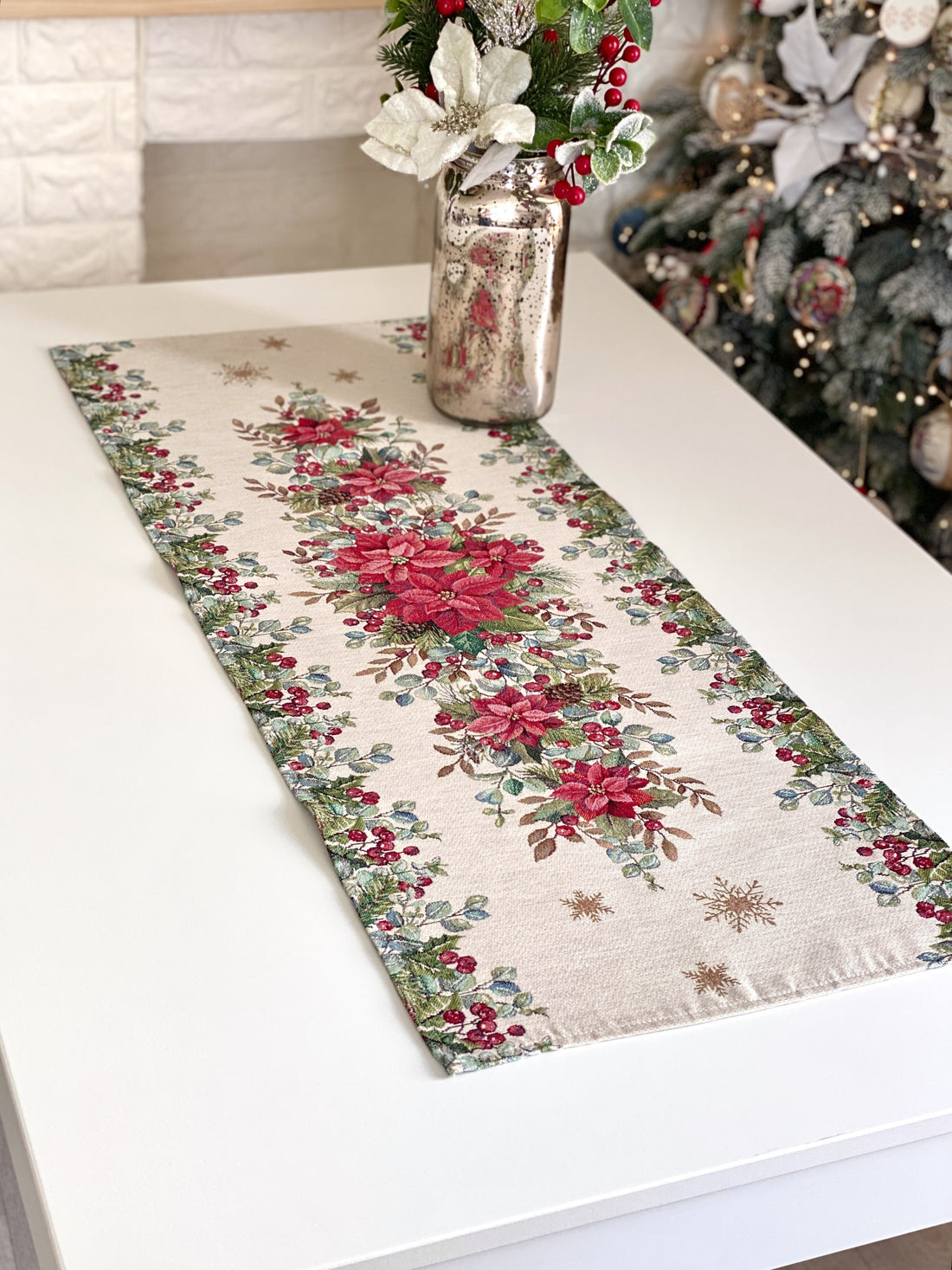 Christmas Table Runner  «Holly &amp; Ivy Charm» with Silver Lurex - Luxury Tapestry - Textile4Family