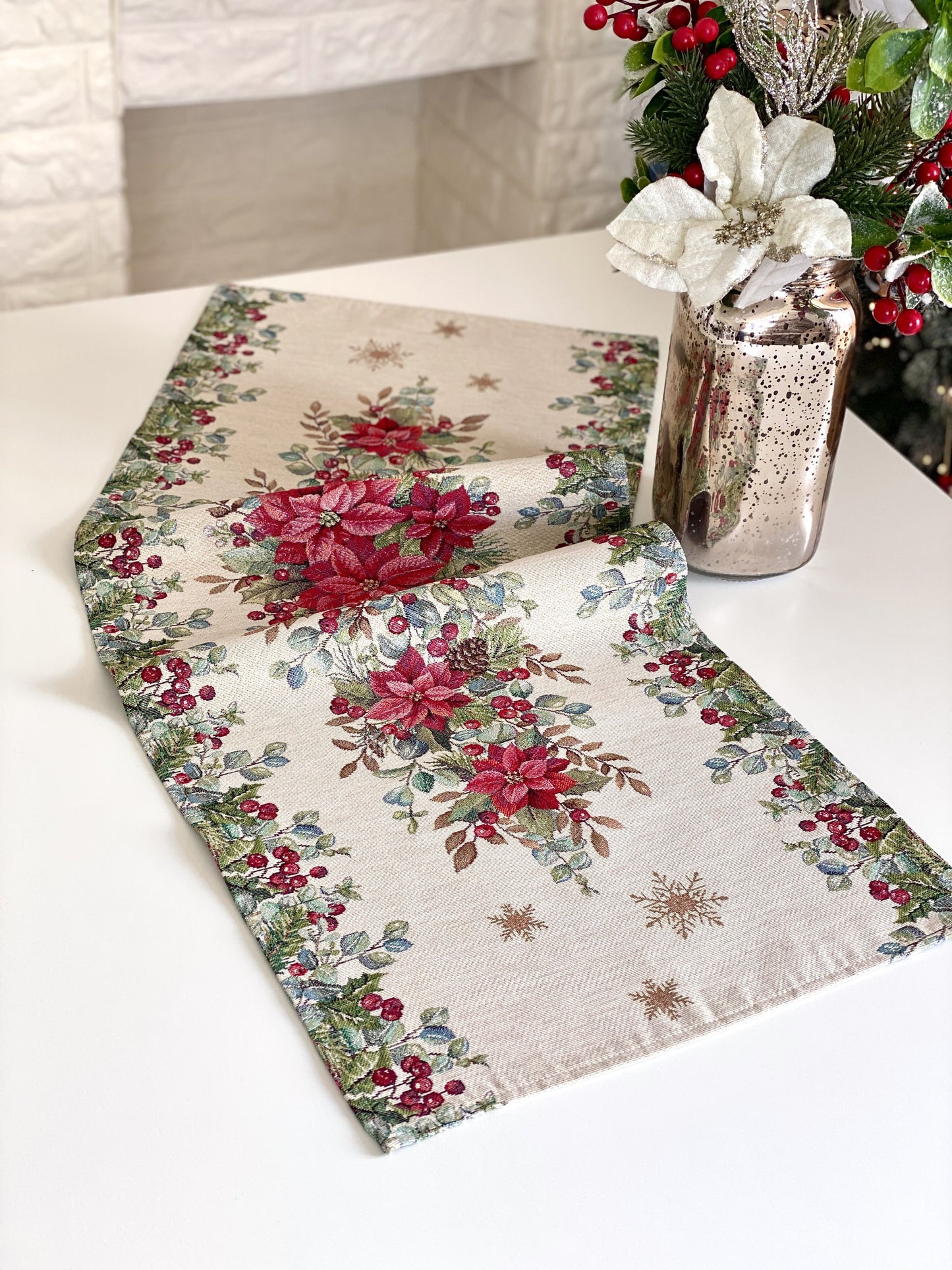 Christmas Table Runner  «Holly & Ivy Charm» with Silver Lurex - Luxury Tapestry