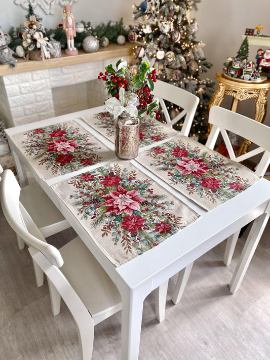Christmas Placemat set «Holly & Ivy Charm» with Silver Lurex - Luxury Tapestry