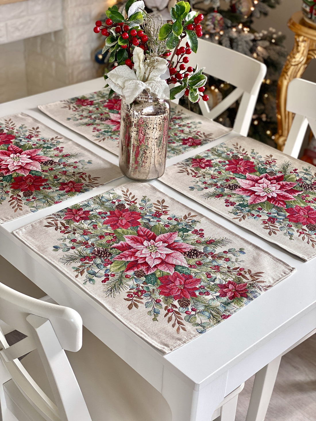 Christmas Placemat set «Holly &amp; Ivy Charm» with Silver Lurex - Luxury Tapestry - Textile4Family