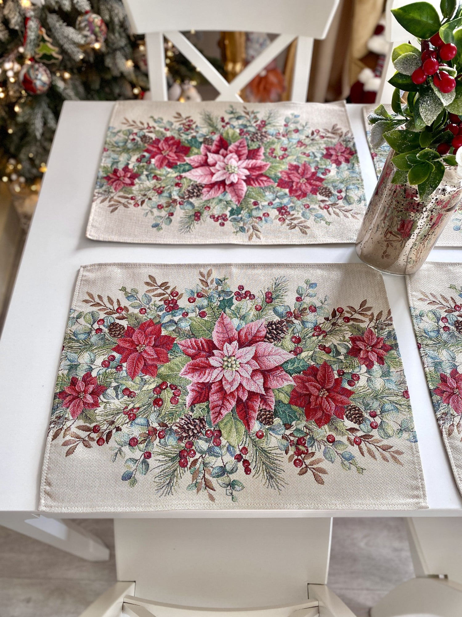 Christmas Placemat set «Holly &amp; Ivy Charm» with Silver Lurex - Luxury Tapestry - Textile4Family