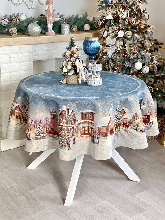 Christmas Round Tablecloth «Enchanted Carol Nights» with Golden Lurex - Luxury Tapestry