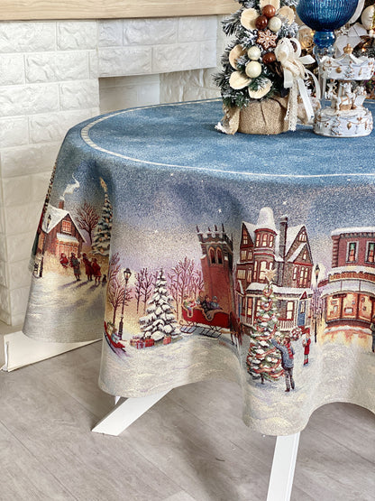 Christmas Round Tablecloth «Enchanted Carol Nights» with Golden Lurex - Luxury Tapestry