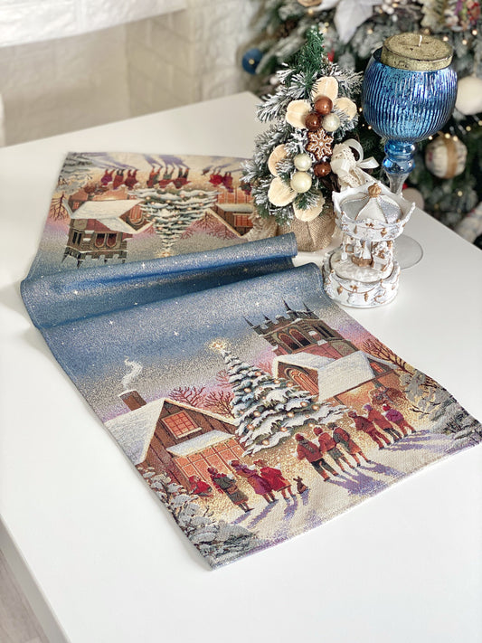 Christmas Table Runner  «Enchanted Carol Nights» with Golden Lurex - Luxury Tapestry