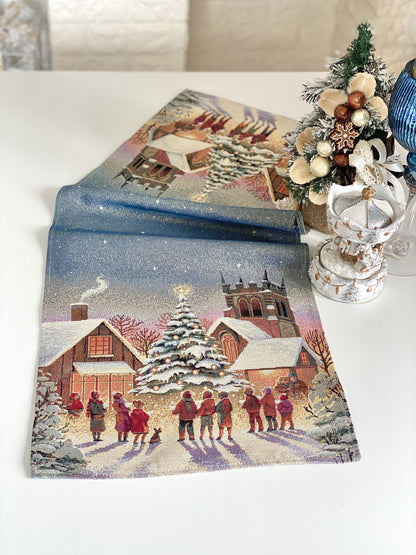 Christmas Table Runner  «Enchanted Carol Nights» with Golden Lurex - Luxury Tapestry