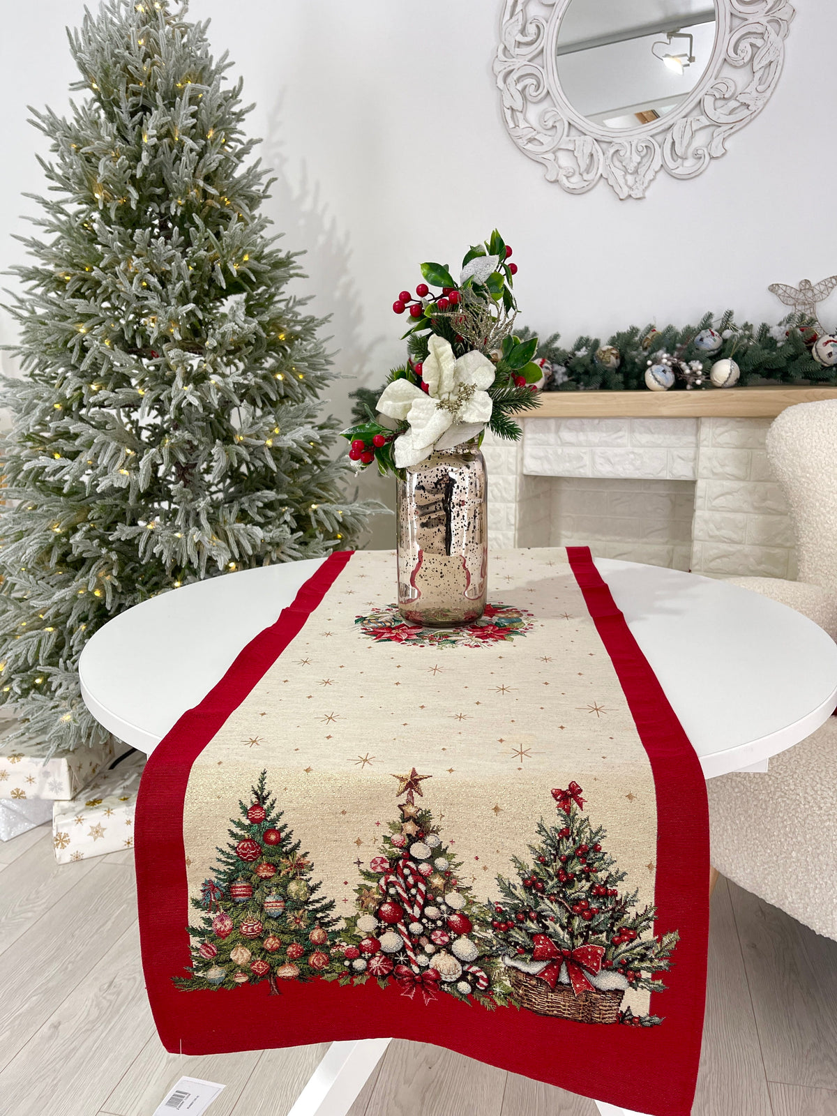 Christmas Table Runner «Christmas traditions» with golden thread - High quality tapestry