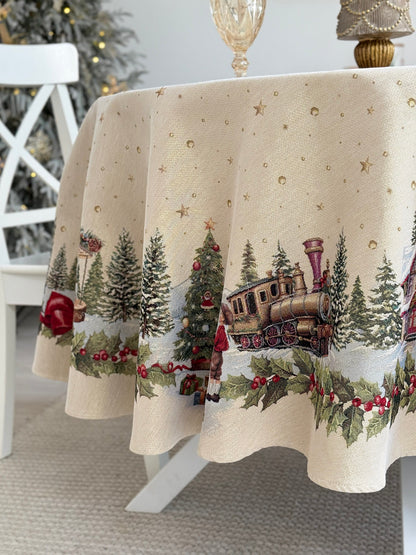 Christmas Round Tablecloth «Christmas Wonderland» with golden thread - High quality tapestry