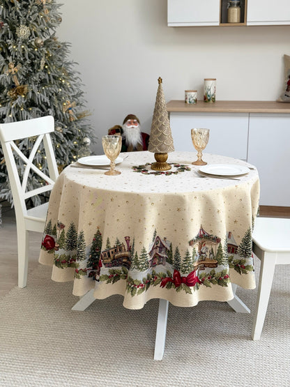 Christmas Round Tablecloth «Christmas Wonderland» with golden thread - High quality tapestry