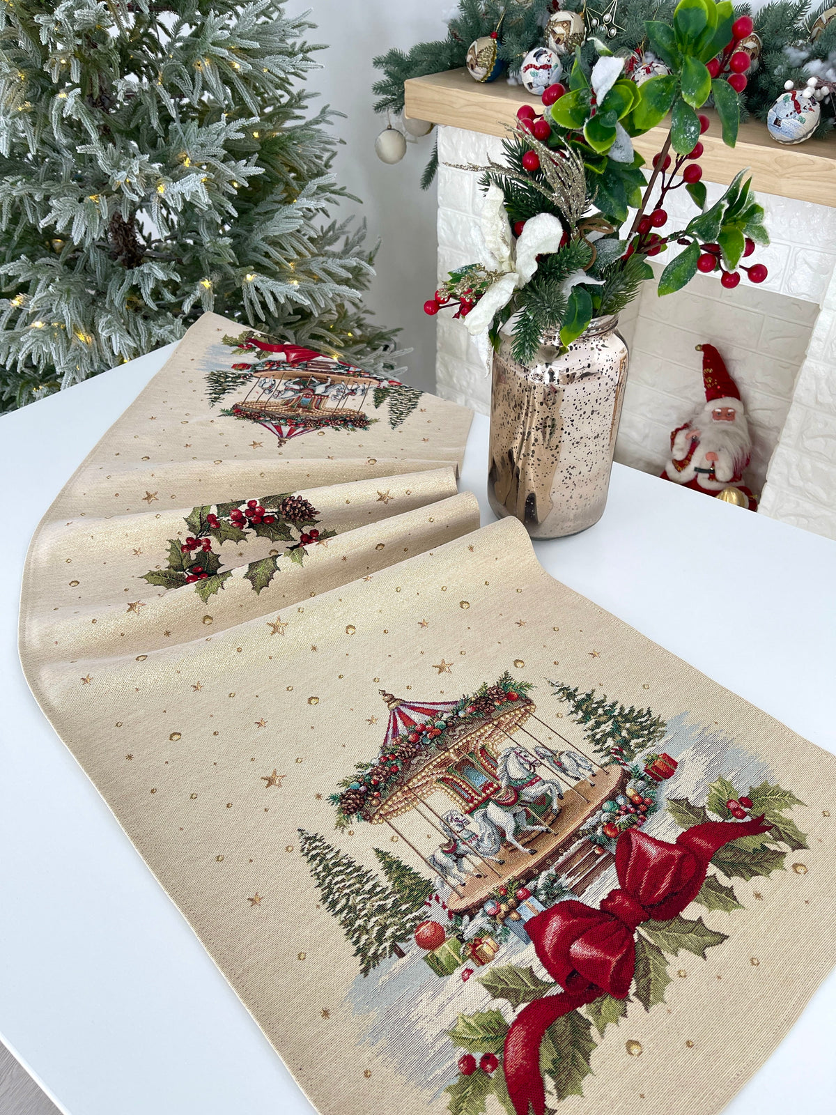 Christmas Table Runner «Christmas Wonderland» with golden thread - High quality tapestry