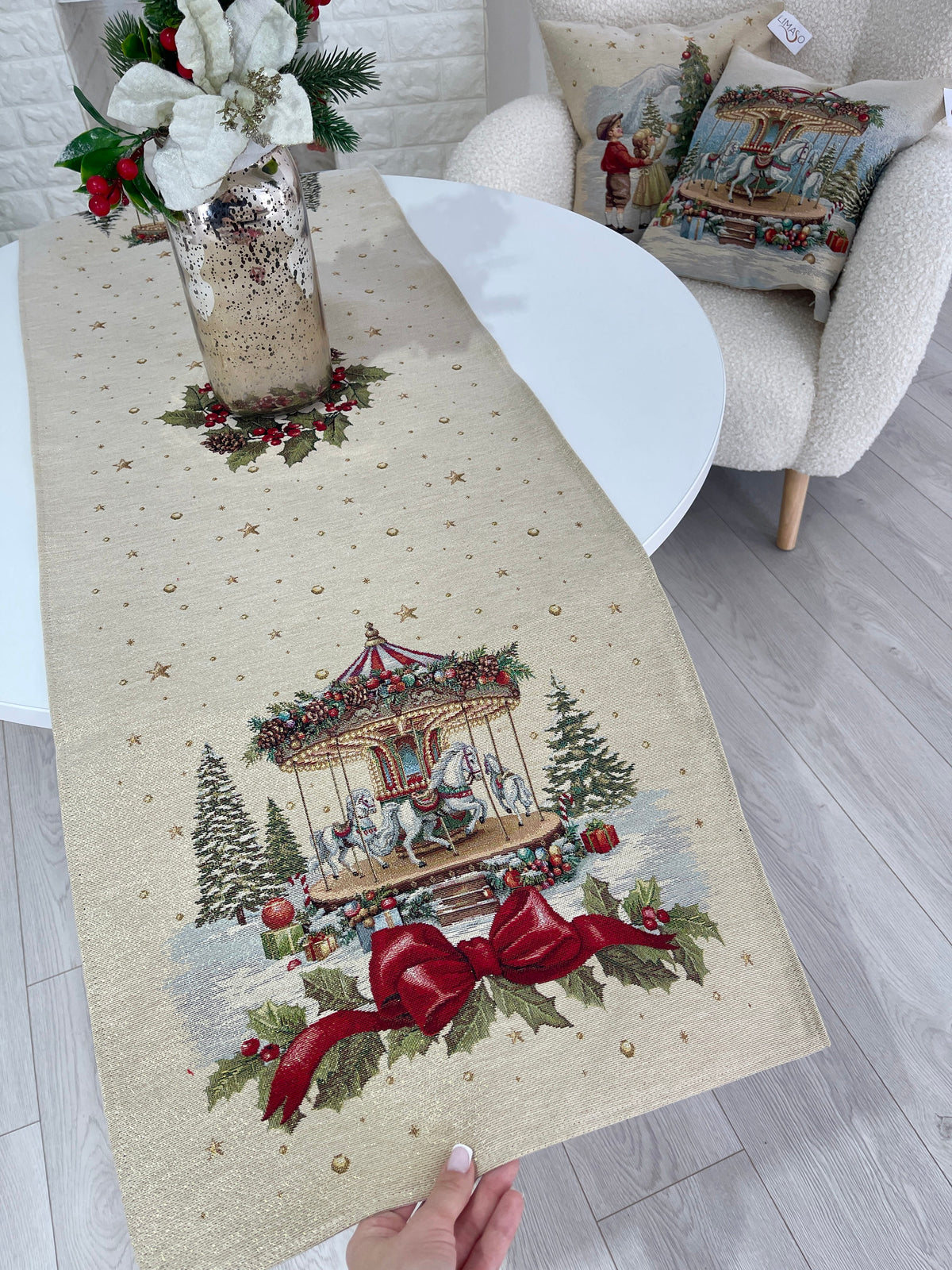 Christmas Table Runner «Christmas Wonderland» with golden thread - High quality tapestry