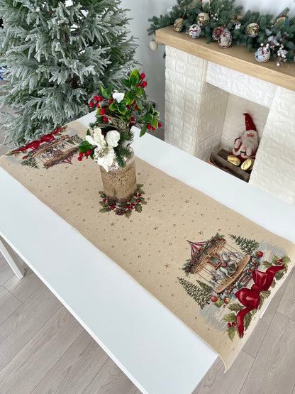 Christmas Table Runner «Christmas Wonderland» with golden thread - High quality tapestry