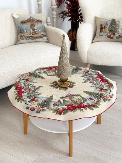 Christmas Round Tablecloth «Christmas Wonderland» with golden thread - High quality tapestry