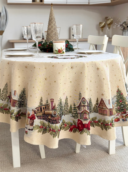 Christmas Oval Tablecloth «Christmas Wonderland» with golden thread - High quality tapestry