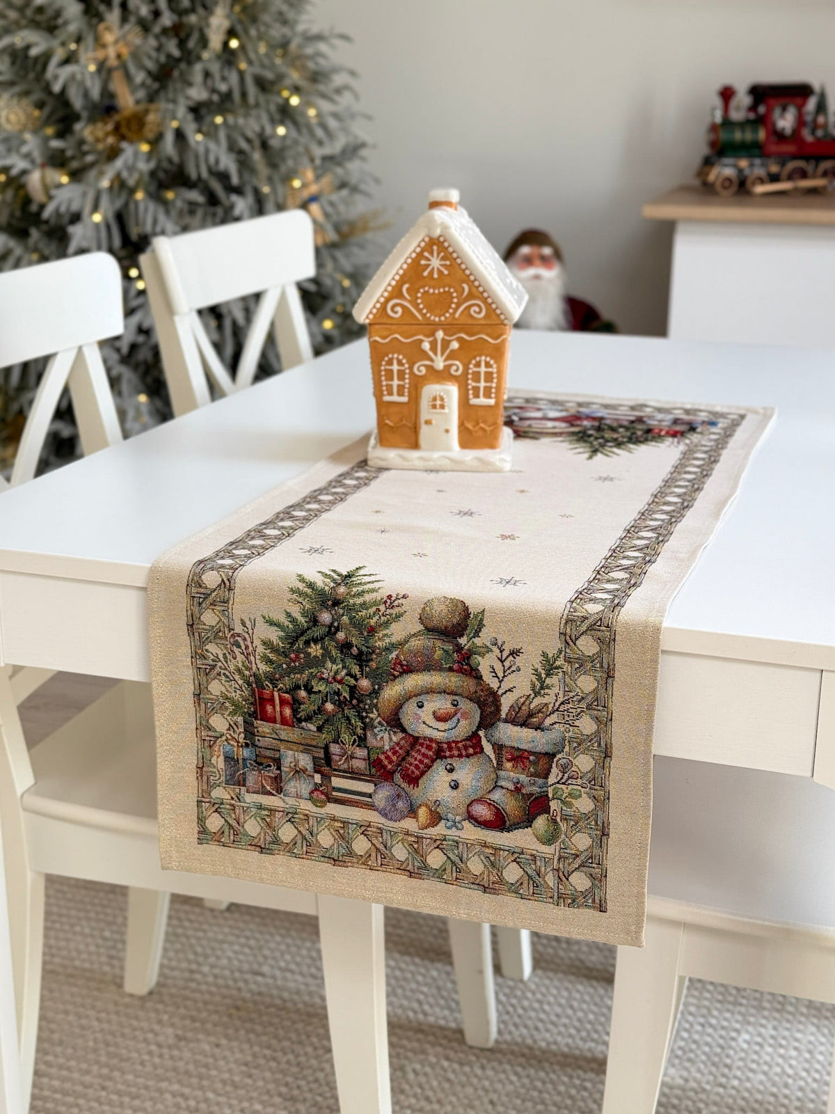 Christmas Table Runner «Golden Winter Tale» with golden thread - High quality tapestry