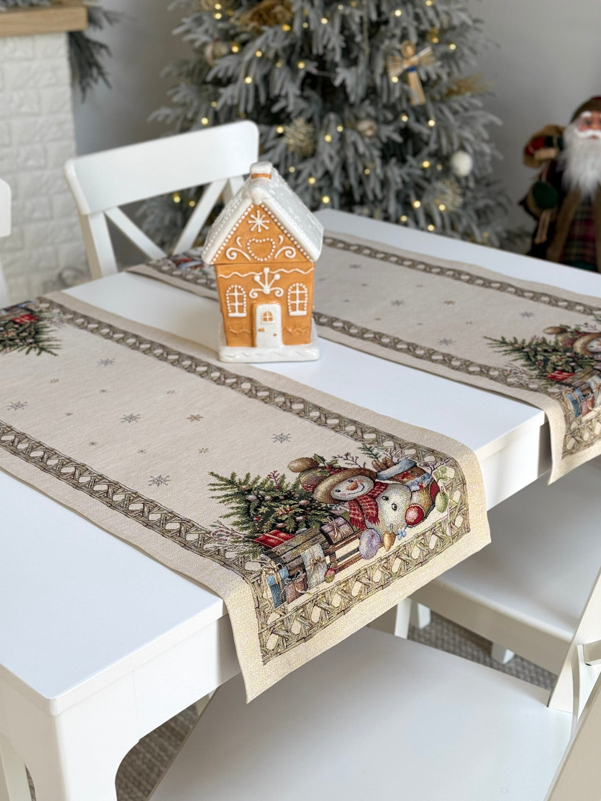 Christmas Table Runner «Golden Winter Tale» with golden thread - High quality tapestry