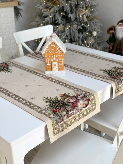Christmas Table Runner «Golden Winter Tale» with golden thread - High quality tapestry