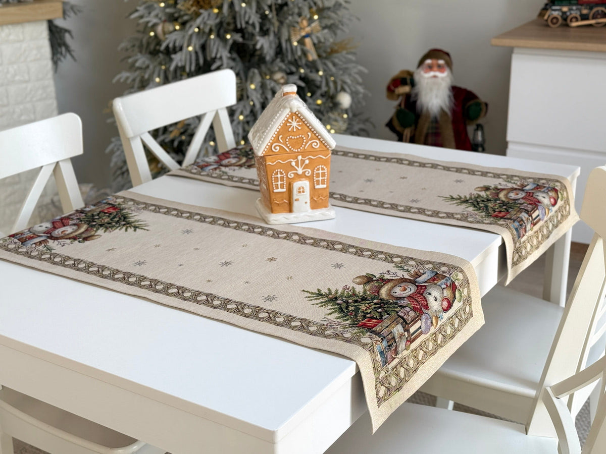 Christmas Table Runner «Golden Winter Tale» with golden thread - High quality tapestry