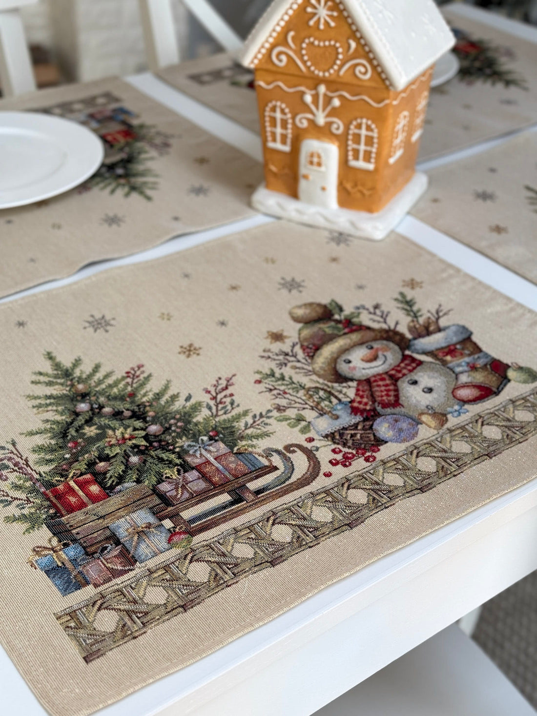 Christmas Placemat set «Golden Winter Tale» with golden thread - High quality tapestry