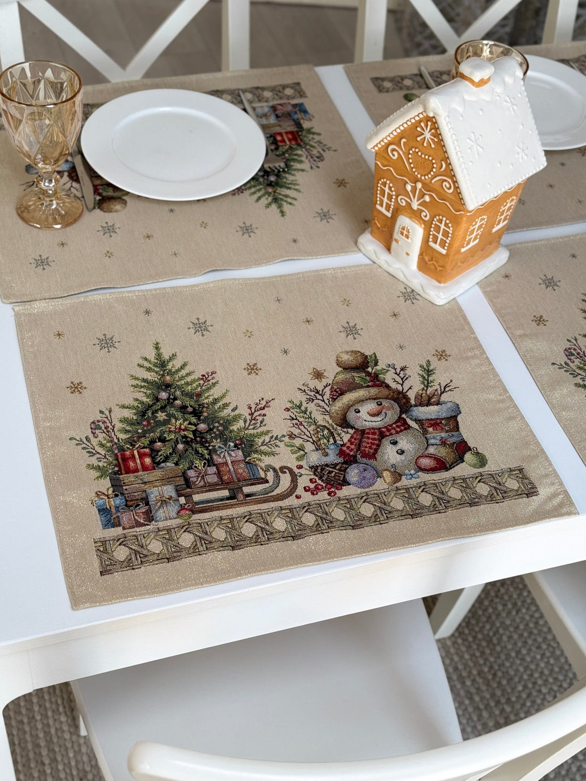 Christmas Placemat set «Golden Winter Tale» with golden thread - High quality tapestry