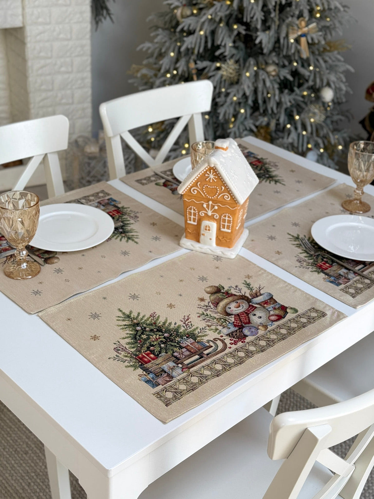 Christmas Placemat set «Golden Winter Tale» with golden thread - High quality tapestry