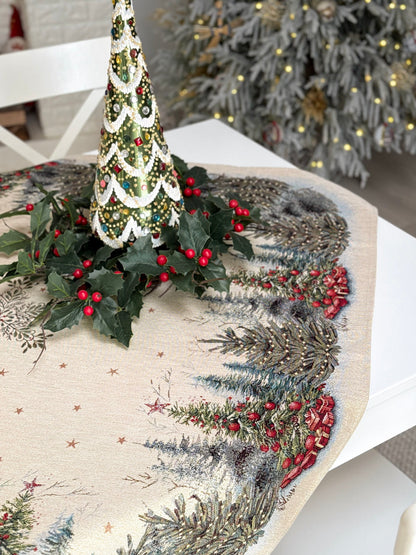 Christmas Tablecloth «Winter Evergreen» with golden thread - High quality tapestry