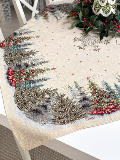 Christmas Tablecloth «Winter Evergreen» with golden thread - High quality tapestry