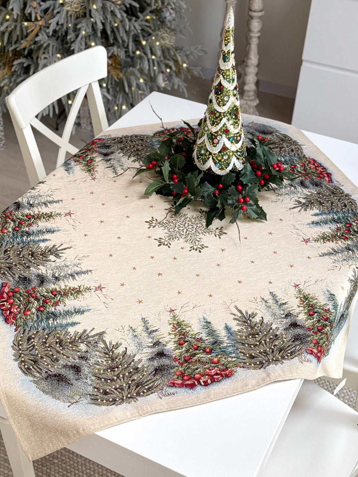 Christmas Tablecloth «Winter Evergreen» with golden thread - High quality tapestry