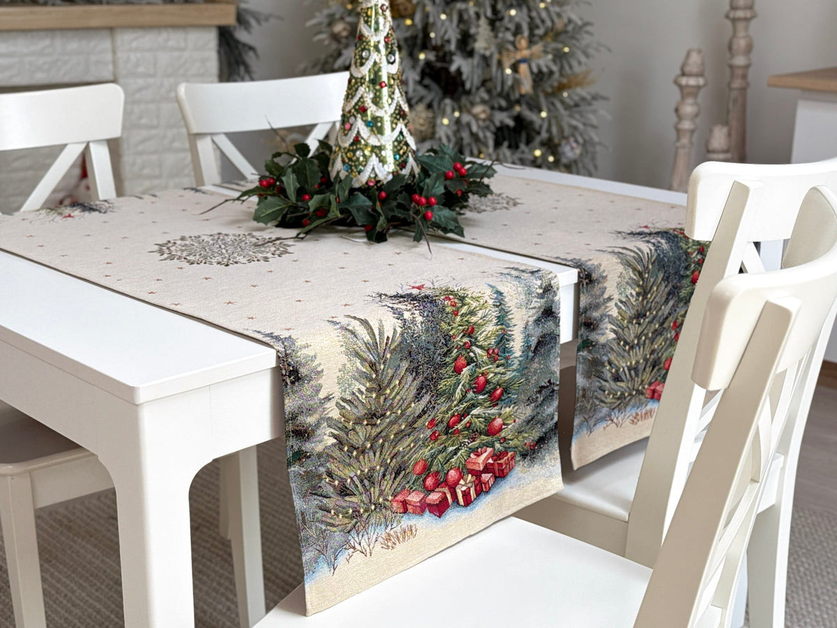 Christmas Table Runner «Winter Evergreen» with golden thread - High quality tapestry