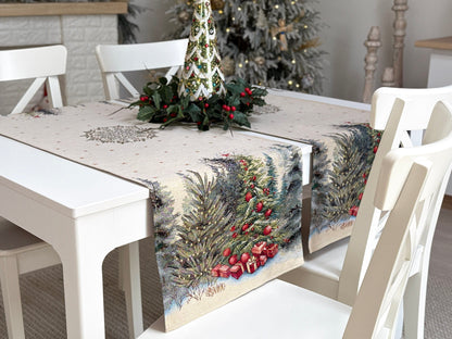 Christmas Table Runner «Winter Evergreen» with golden thread - High quality tapestry