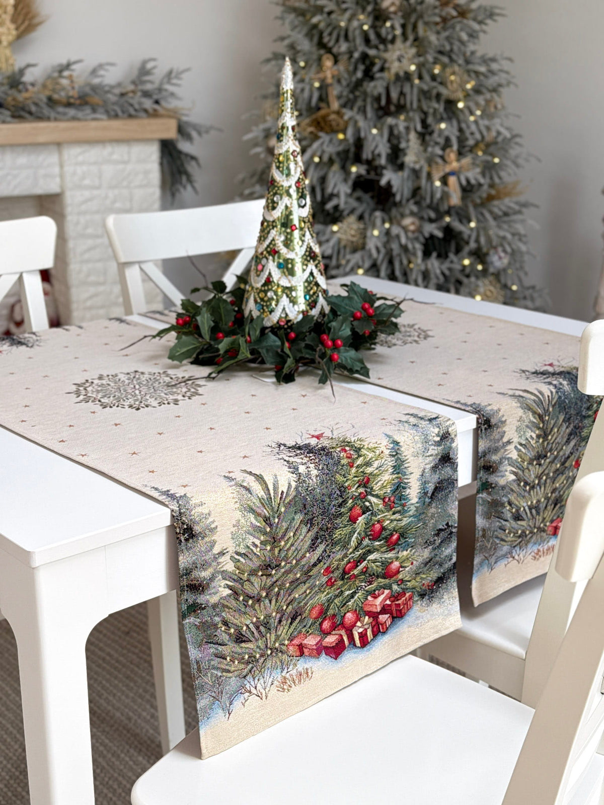 Christmas Table Runner «Winter Evergreen» with golden thread - High quality tapestry