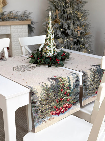 Christmas Table Runner «Winter Evergreen» with golden thread - High quality tapestry