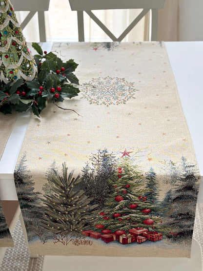 Christmas Table Runner «Winter Evergreen» with golden thread - High quality tapestry
