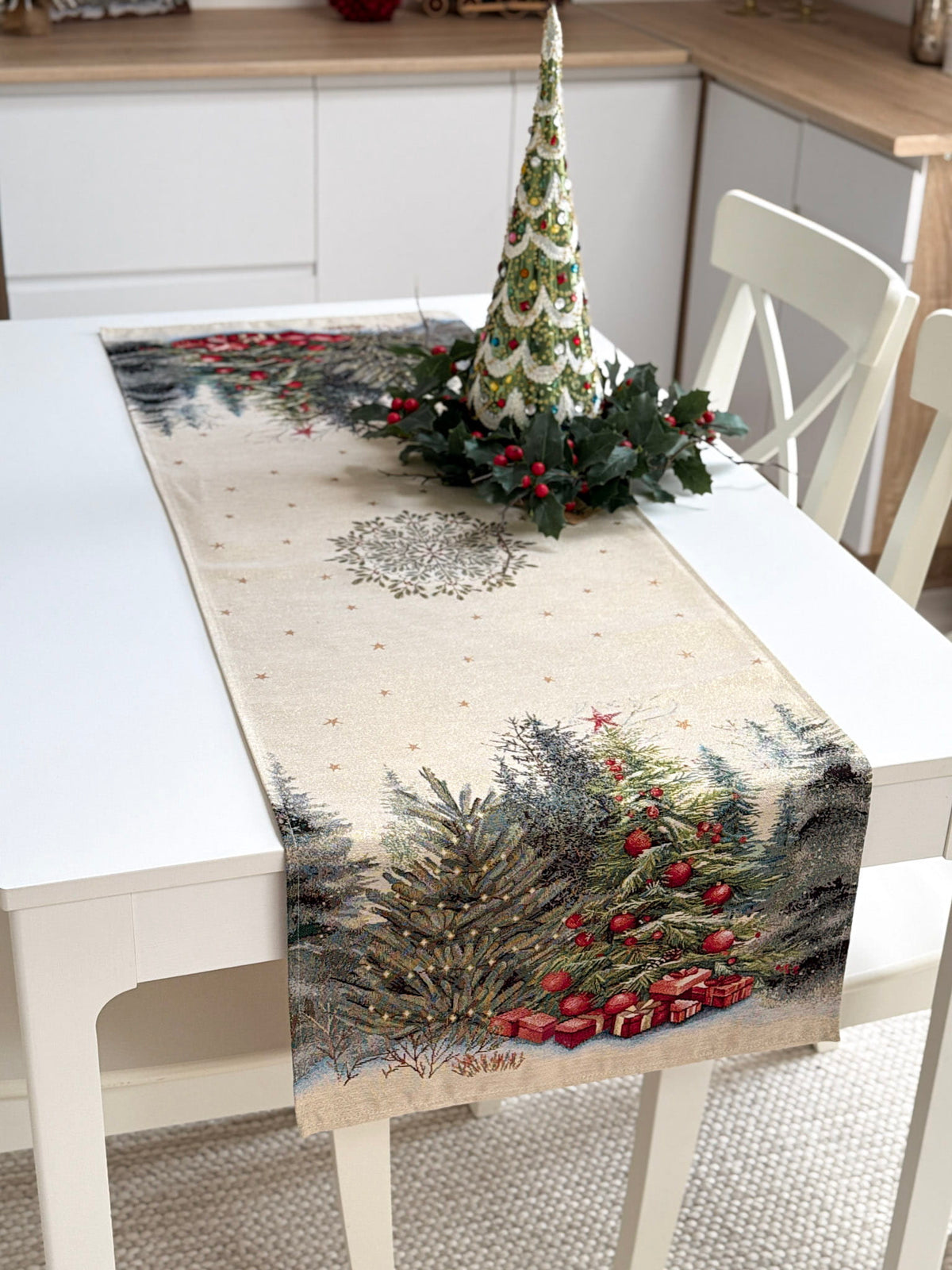 Christmas Table Runner «Winter Evergreen» with golden thread - High quality tapestry