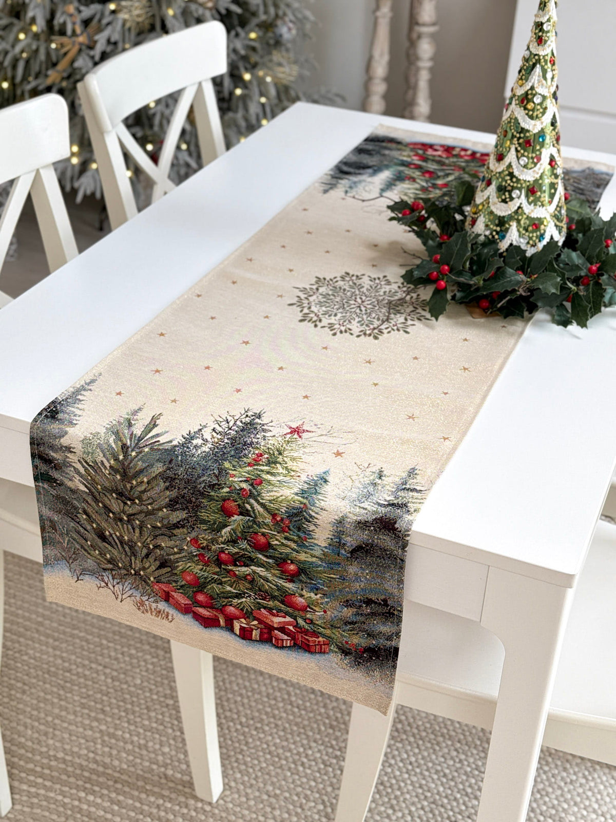 Christmas Table Runner «Winter Evergreen» with golden thread - High quality tapestry