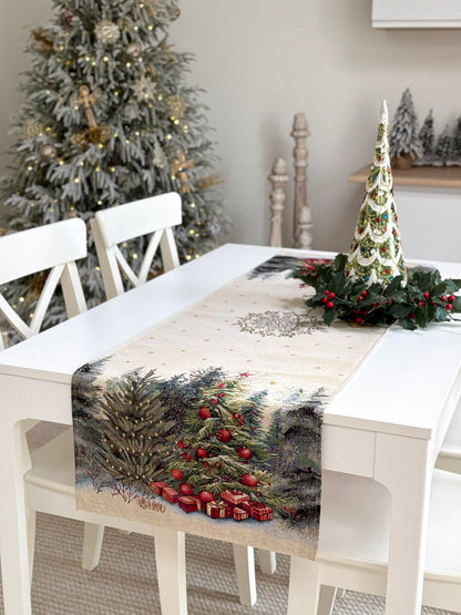 Christmas Table Runner «Winter Evergreen» with golden thread - High quality tapestry
