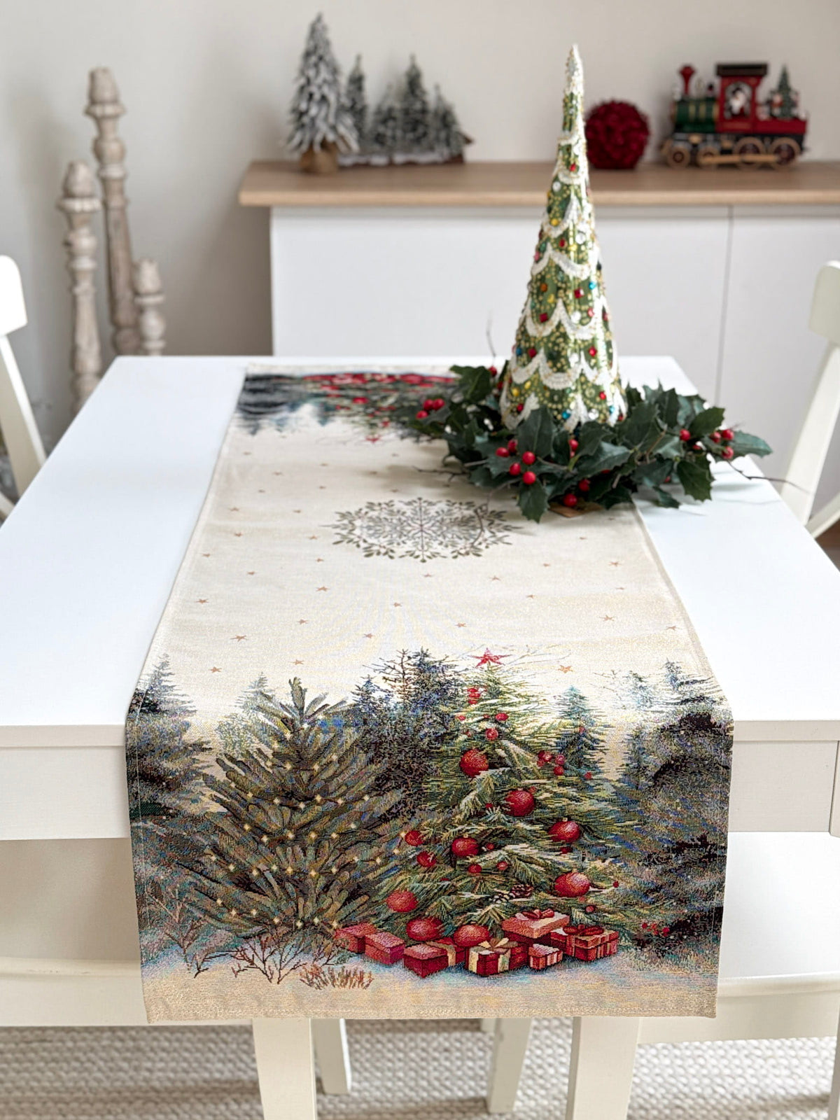 Christmas Table Runner «Winter Evergreen» with golden thread - High quality tapestry