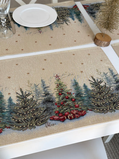 Christmas Placemat set «Winter Evergreen» with golden thread - High quality tapestry