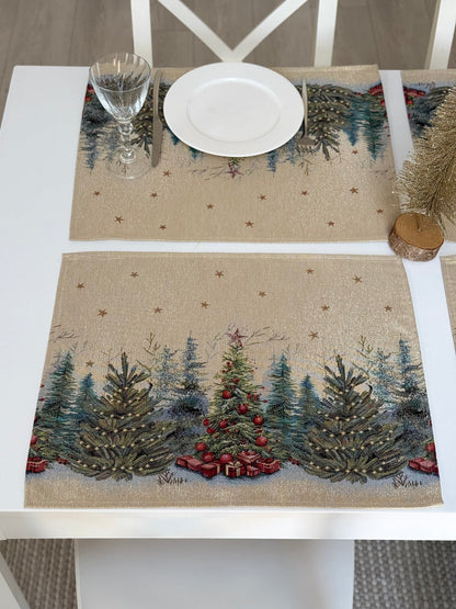 Christmas Placemat set «Winter Evergreen» with golden thread - High quality tapestry