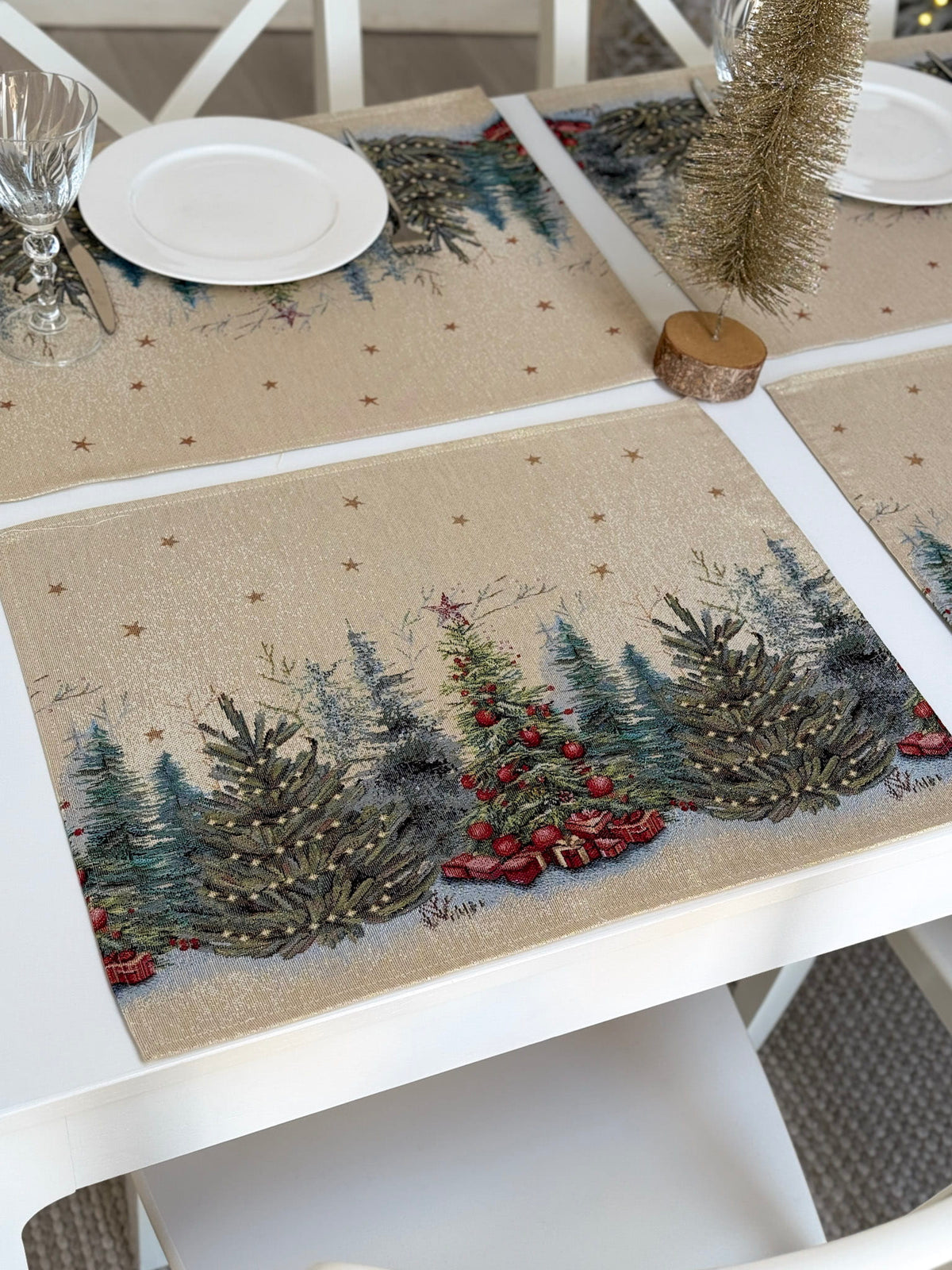 Christmas Placemat set «Winter Evergreen» with golden thread - High quality tapestry