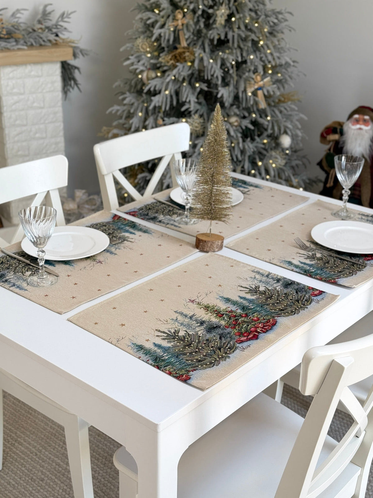 Christmas Placemat set «Winter Evergreen» with golden thread - High quality tapestry