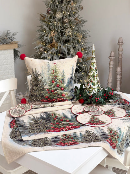 Christmas Tablecloth «Winter Evergreen» with golden thread - High quality tapestry