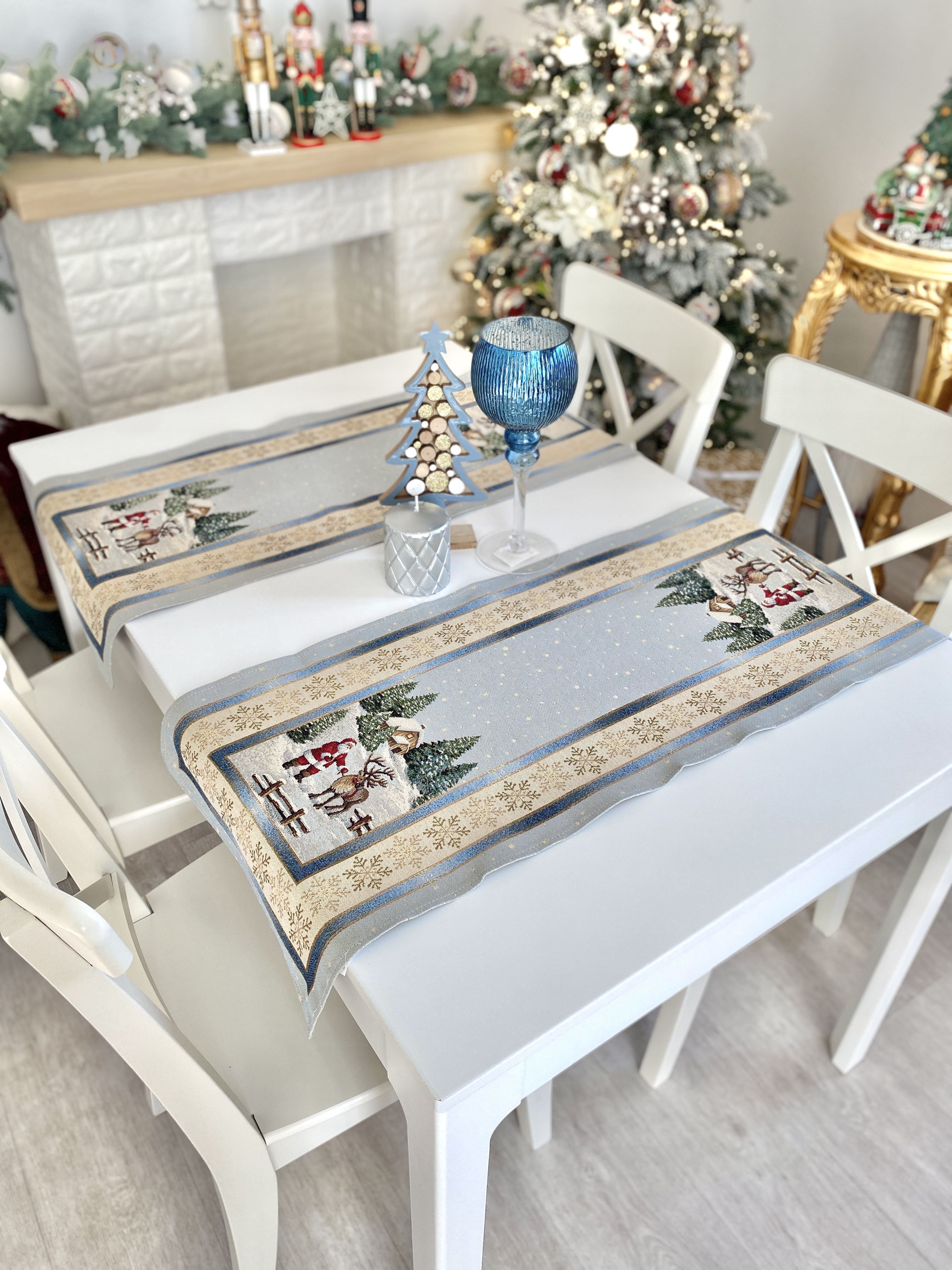 Christmas Tapestry Table runner «Christmas in Highlands» with golden thread Limaso Textile