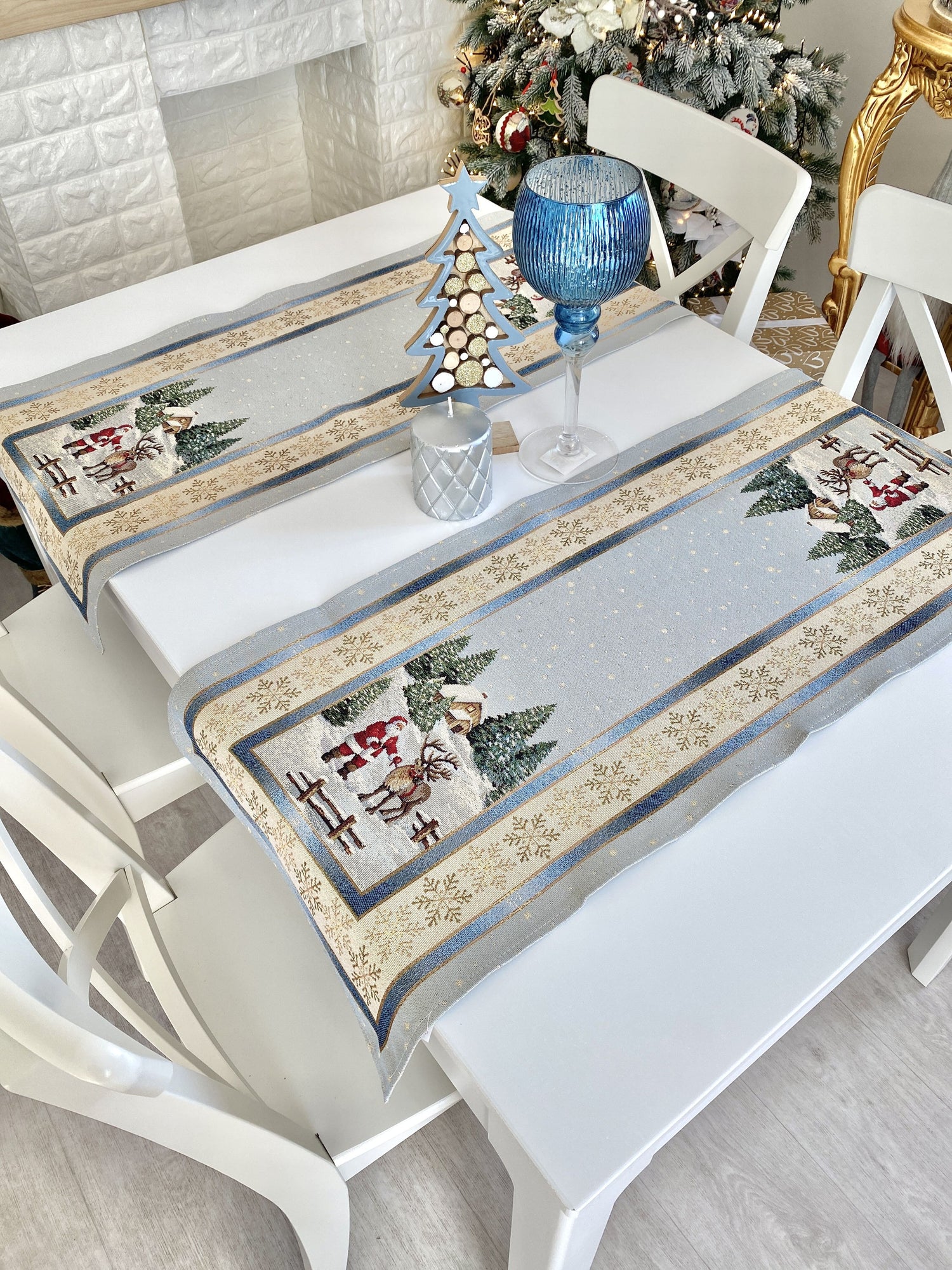 Christmas Tapestry Table runner «Christmas in Highlands» with golden thread Limaso Textile