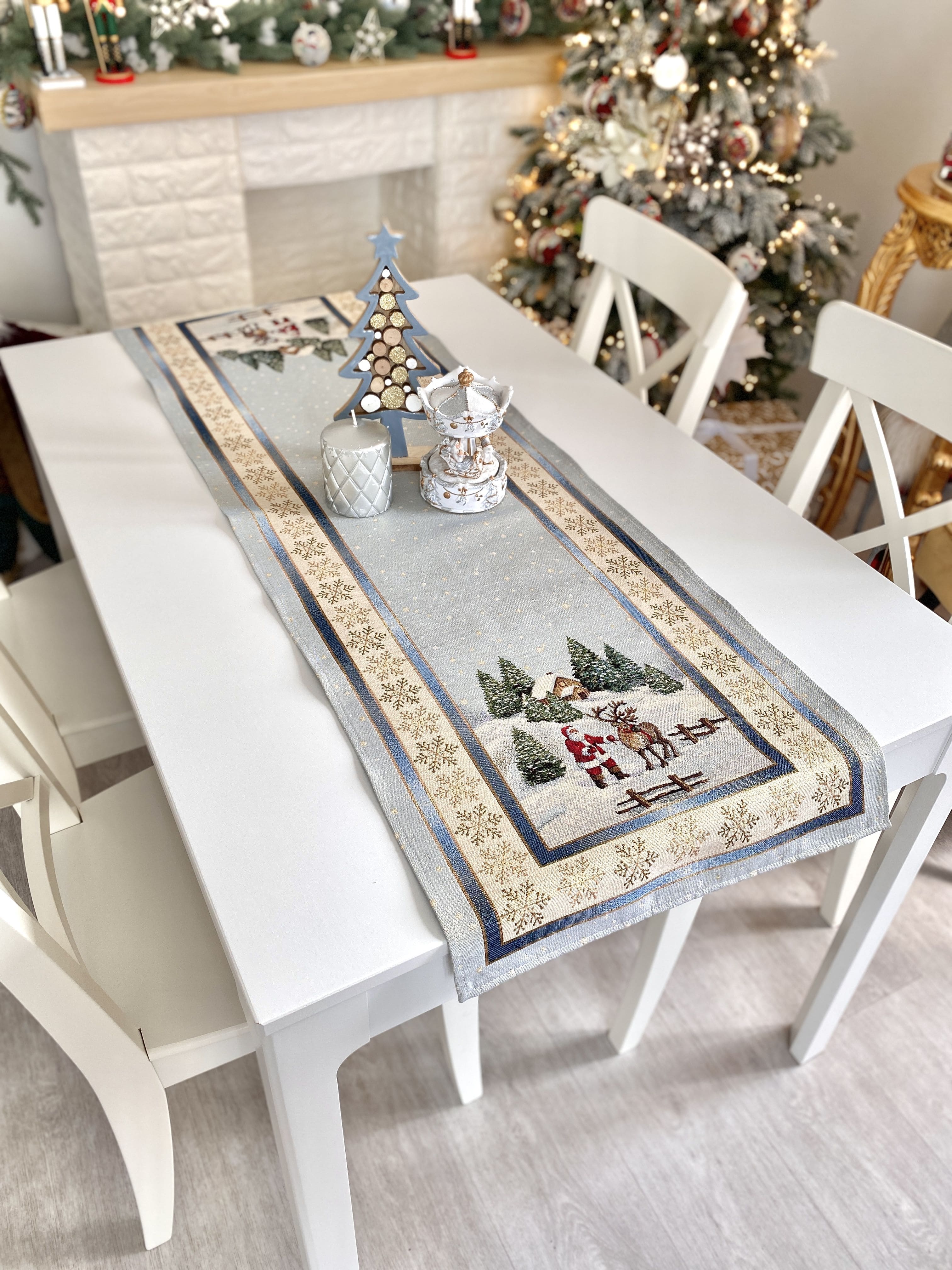 Christmas Tapestry Table runner «Christmas in Highlands» with golden thread Limaso Textile
